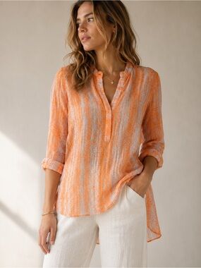 Zoa New York Orange Sheer Resort Tunic Blouse High Low Beach Vacation Top S